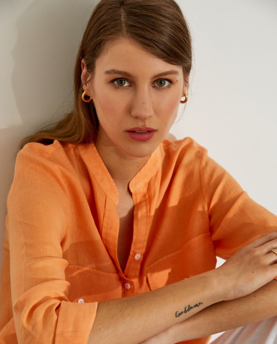 Lion Of Porches Tunicas E Tops | Camisa Para Mulher Comprida Em Linho Com Colarinho Mandarim