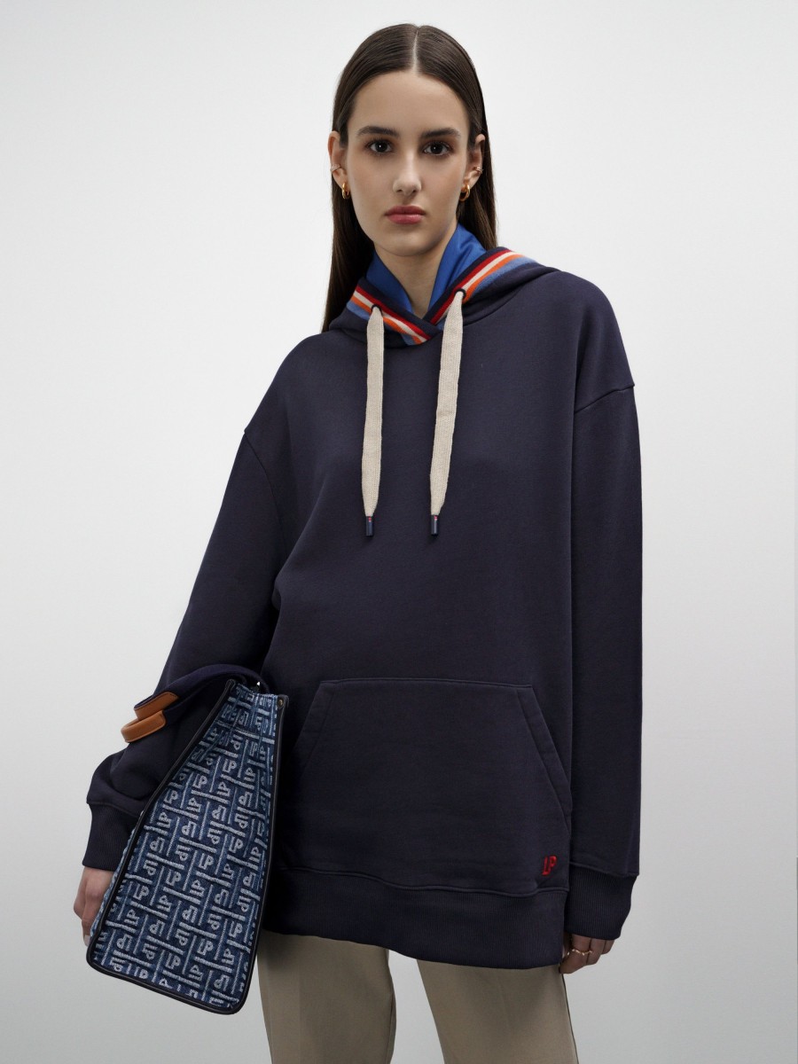 Lion Of Porches Sweats | Sweatshirt Azul Com Detalhe De Riscas No Capuz