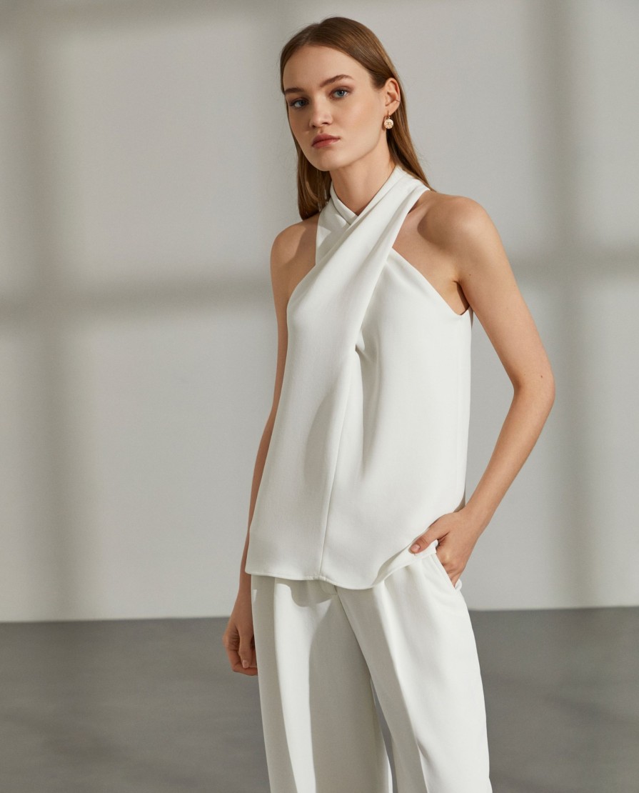 Lion Of Porches Tunicas E Tops | Top Para Mulher Branco Sem Manga Com Decote Cruzado