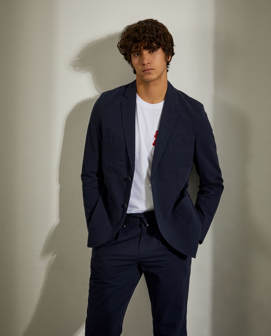 Lion Of Porches Blazers | Blazer Slim Fit Com Textura De Riscas Seersucker