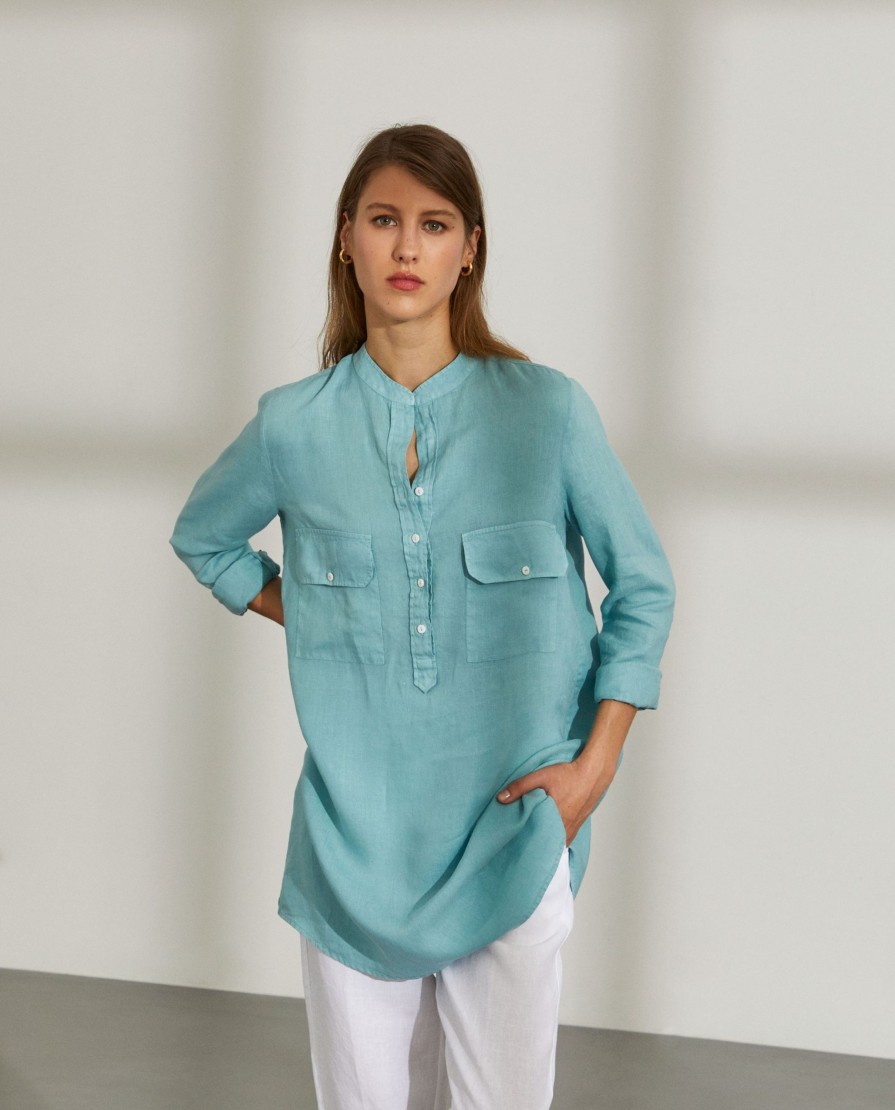 Lion Of Porches Tunicas E Tops | Camisa Para Mulher Comprida Em Linho Com Colarinho Mandarim
