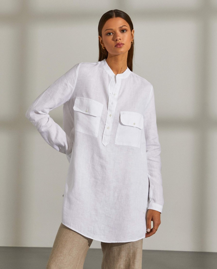 Lion Of Porches Tunicas E Tops | Camisa Para Mulher Comprida Em Linho Com Colarinho Mandarim