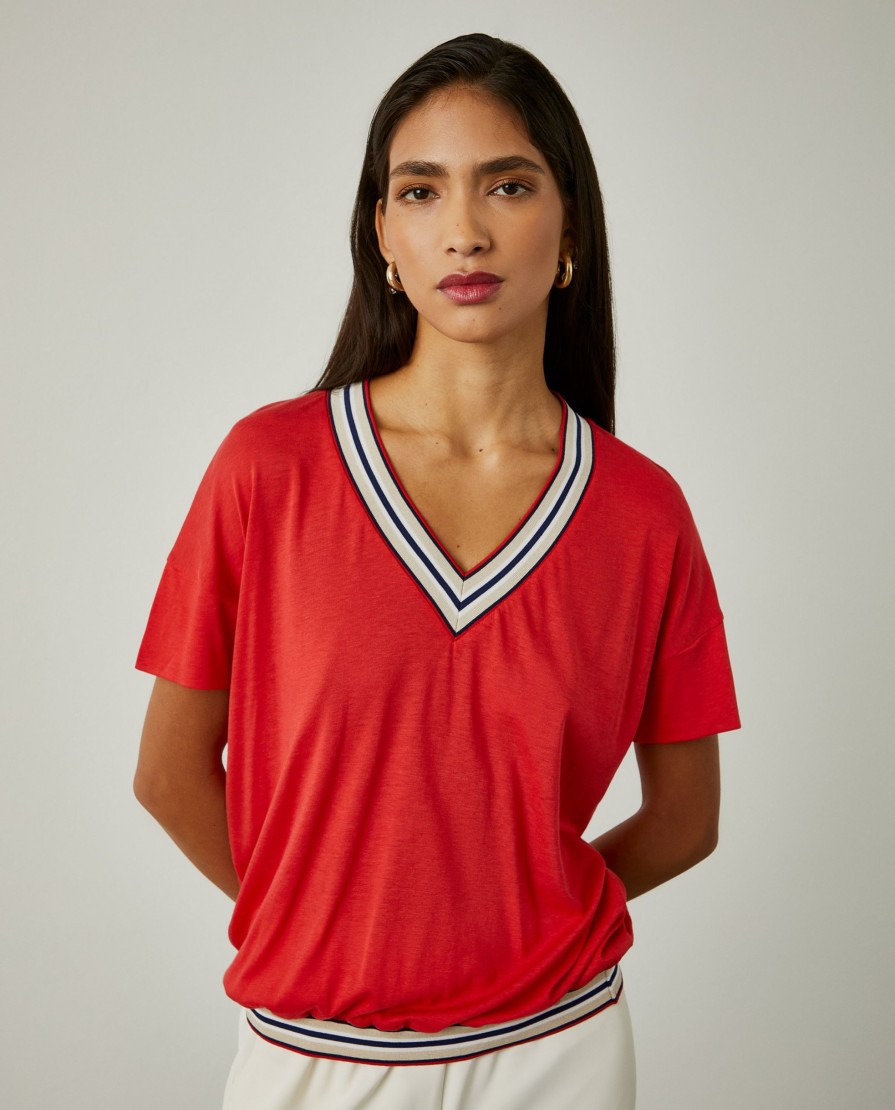 Lion Of Porches Camisolas | T-Shirt Decote Em V Com Riscas