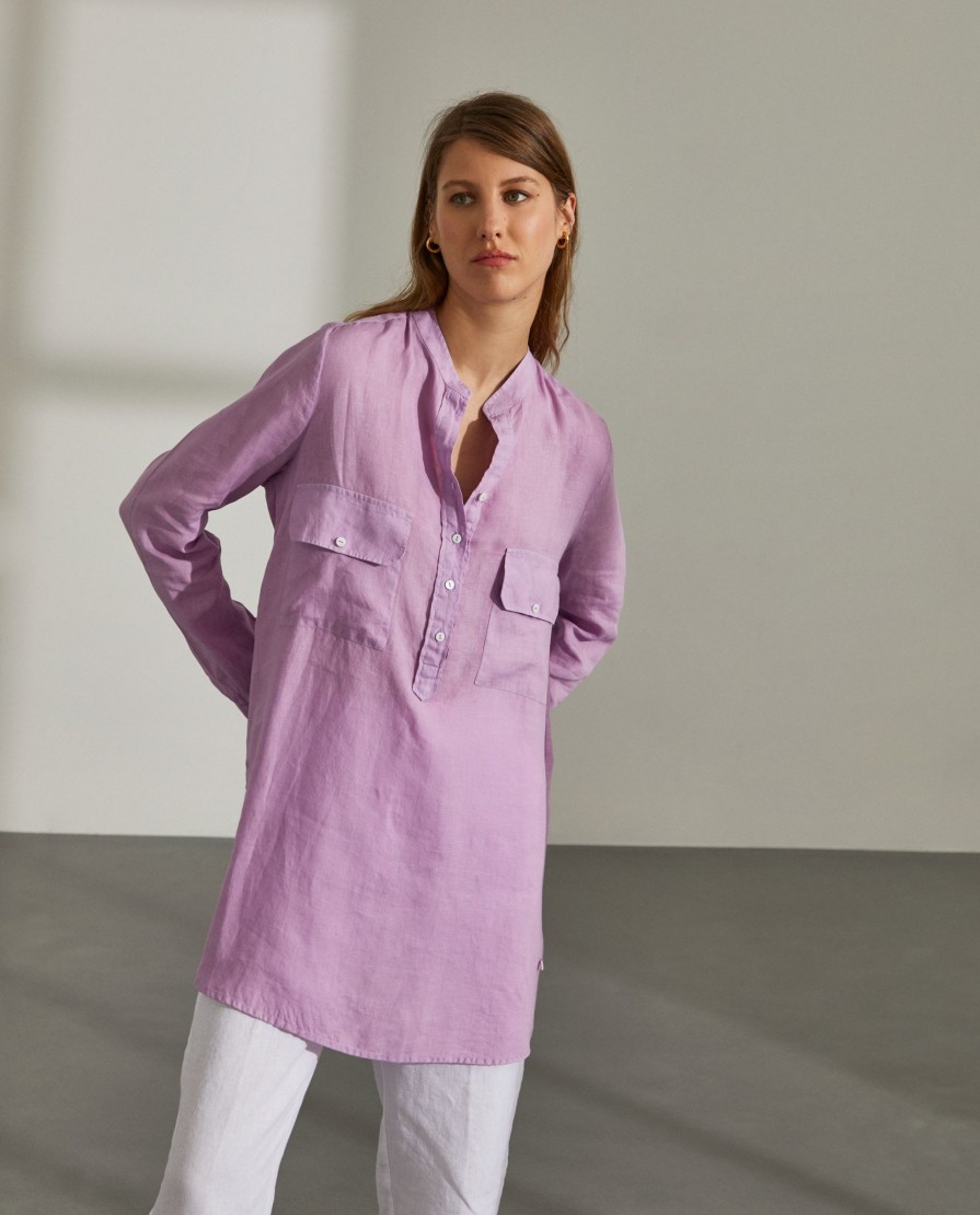 Lion Of Porches Tunicas E Tops | Camisa Para Mulher Comprida Em Linho Com Colarinho Mandarim