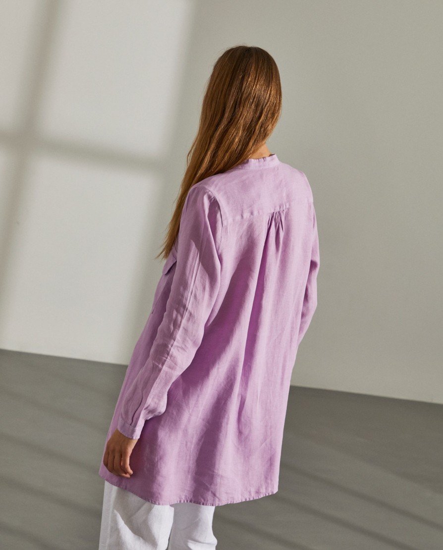 Lion Of Porches Tunicas E Tops | Camisa Para Mulher Comprida Em Linho Com Colarinho Mandarim